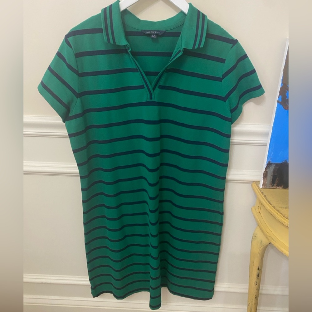 Lands End Y2K Rugby Stripe Dress Green and Navy Striped Polo Dress Size Large